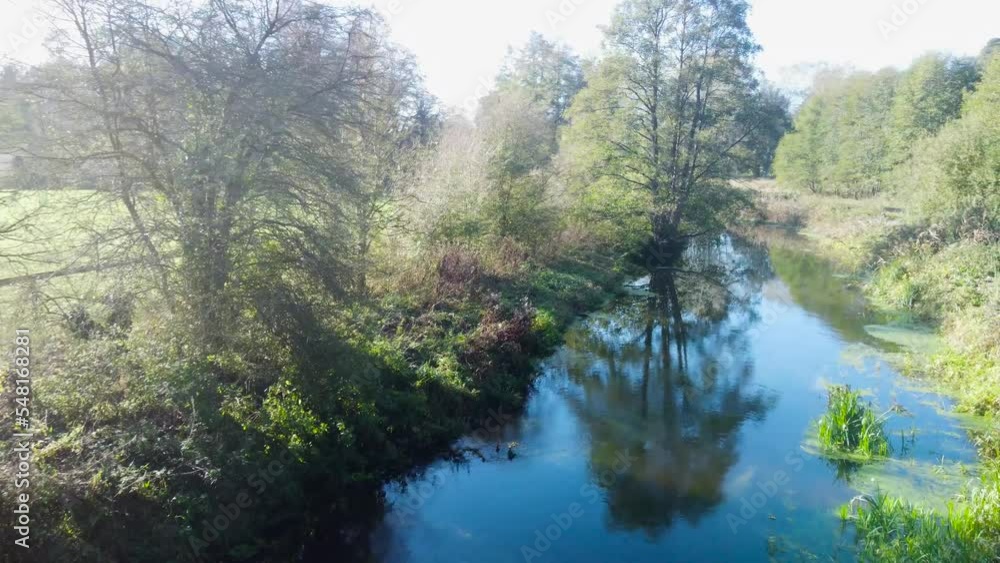 Aerial moving foward shot close to a river in the middle of the forest in Thetford also known as Brandon norfolk. Aerial moving foward shot close to a river in the middle of the forest in Thetford also known as Brandon norfolk.