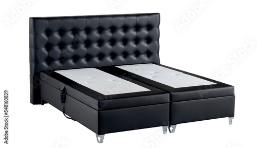 Black color boxspring mattress set , headboard bed base, electric boxspring. black artificial leather, Isolated mattress. photo
