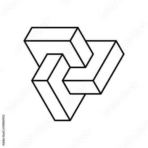 Linear 3D logo. Three elements unity symbol. Impossible shape made of three bricks. Esher impossible sign. Rectangles make connected complete and harmonious whole. Vector illustration, clip art. 