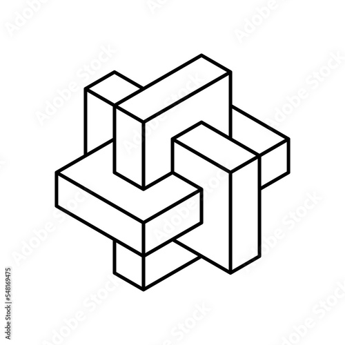 Linear impossible 3D rectangles symbol. Three bricks make an penrose shape. Geometric unity Esher figure. Logo template. Architecture, building, construction concept. Vector illustration, clip art. 