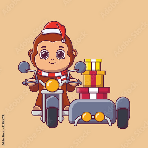 cute monkey carrying gifts box on motorcycle with sidecar