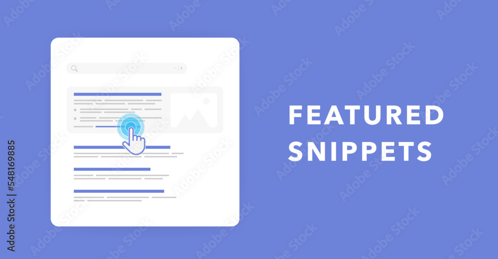 Featured snippets - extended top search results. Optimize website for SEO with organic results in serp. Horizontal vector banner illustration - obrazy, fototapety, plakaty 