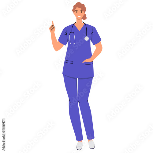 Nurse is standing and pointing her index finger uphill. Medical worker gives advice, teaches, demonstrates. Smiling character with stethoscope and wearing scrubs. Flat style isolated on white. Vector.