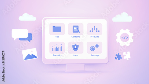 CMS - Content Management System 3D concept. Web site builder, security configuration, create and publish articles, administration, statistics and management software