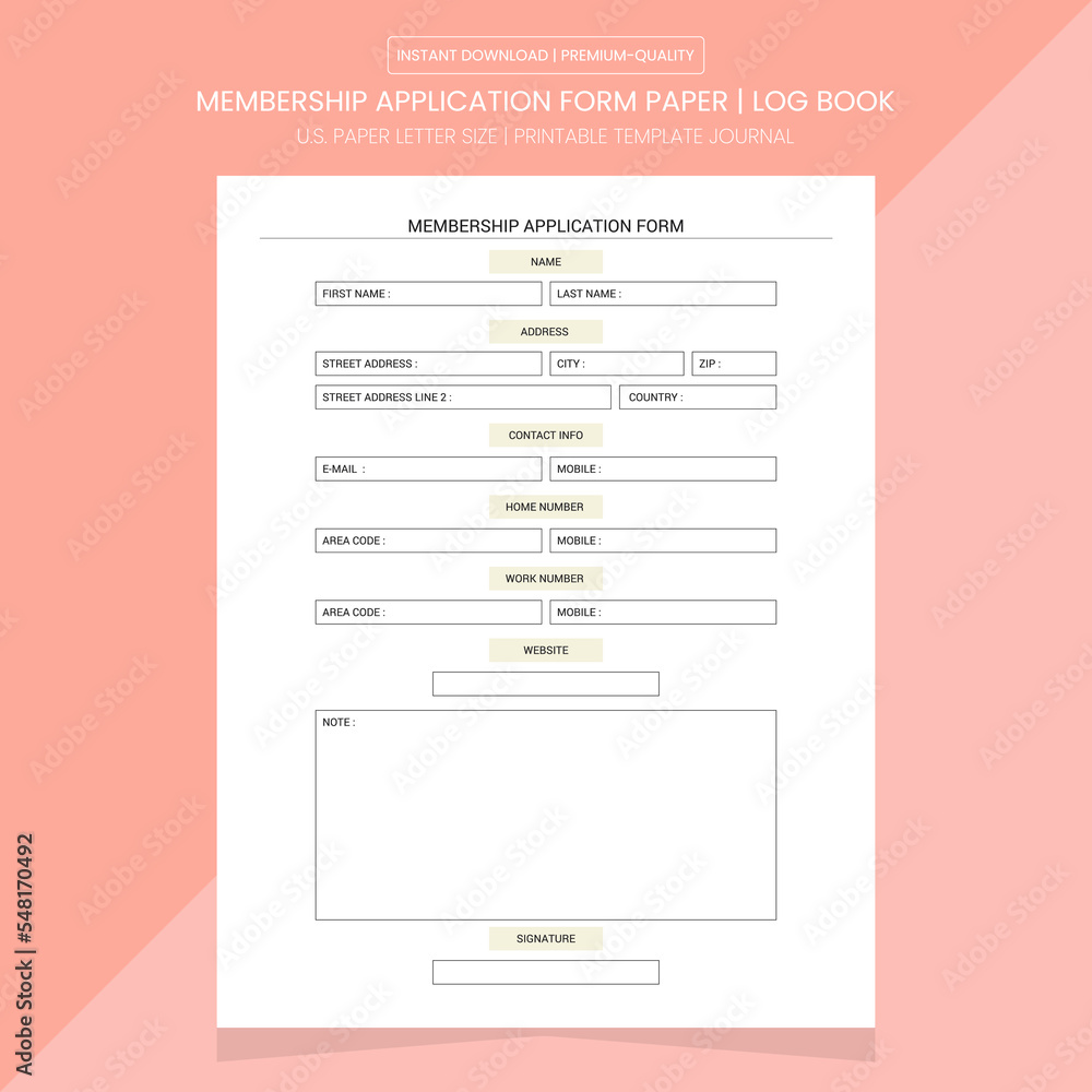 Membership Application Form Log Book | Membership Application Form Diary Journal | Notebook Printable Template Membership Application Form Log Book | Membership Application Form Diary Journal | Notebook Printable Template