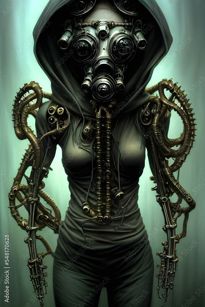 cyberpunk hooded dead biomechanical demon in gasmask mastermind character, cyborg, android, robot cyberpunk hooded dead biomechanical demon in gasmask mastermind character, cyborg, android, robot