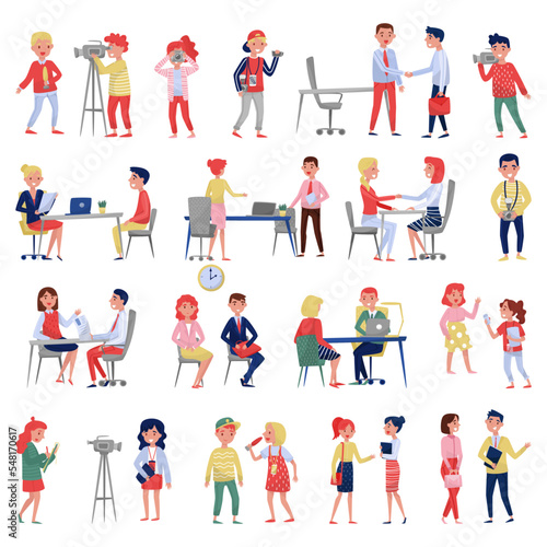 Set of journalists, talk show hosts, HR agency worker interviewing people cartoon vector
