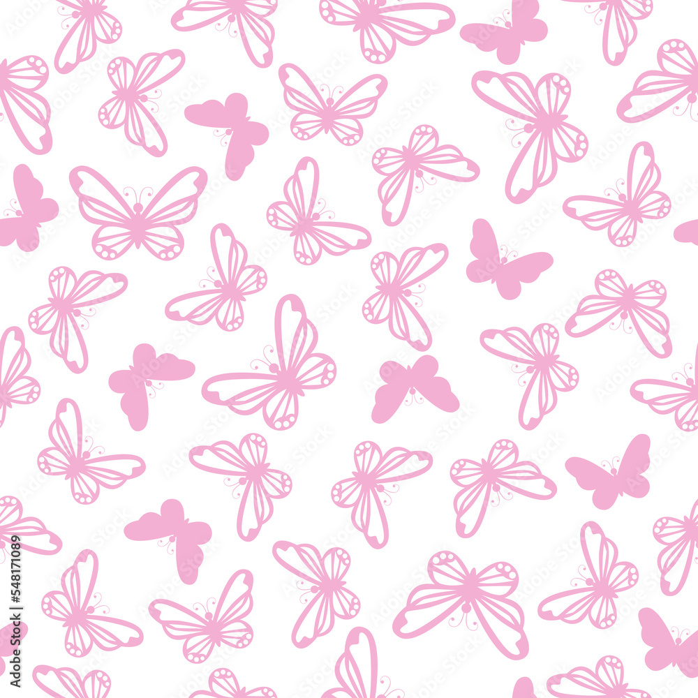 Pink seamless pattern with cute butterflies