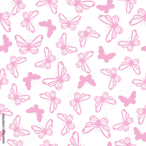 Pink seamless pattern with cute butterflies © barberry