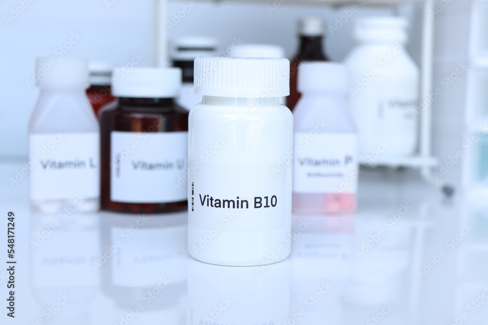 Vitamin B10 pills in a bottle, food supplement for health Vitamin B10 pills in a bottle, food supplement for health