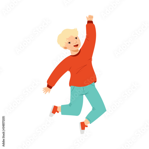 Jumping Blond Boy Feeling Happiness and Excitement Having Fun Vector Illustration