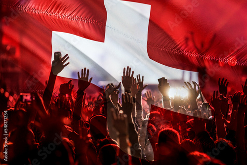 football fans supporting Switzerland - crowd celebrating in stadium with raised hands against Switzerland flag © Melinda Nagy