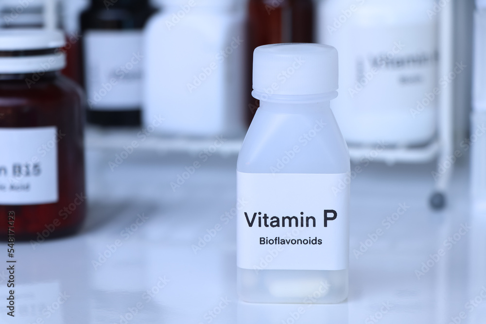 vitamin P pills in a bottle, food supplement for health
