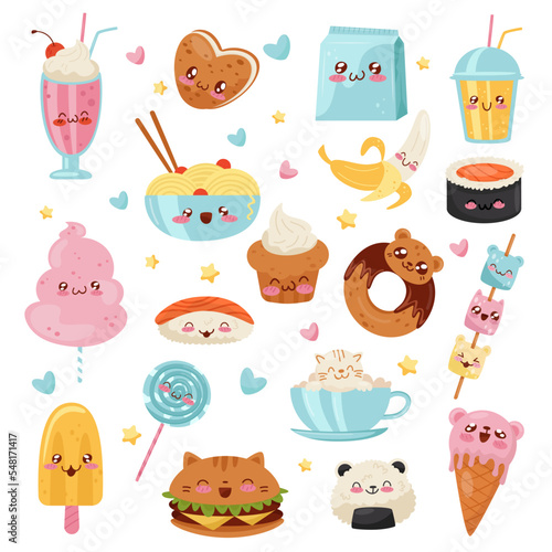 Kawaii Food with Happy Smiling Face and Cheeks Big Vector Set