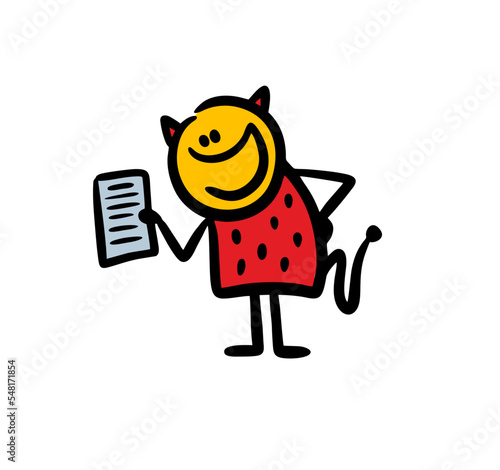 Funny doodle devil holding sheet of paper with contract and smiling wide.