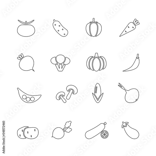 Vegetables icon set. Vector illustrations in line design, editable stroke. Tomato, cucumber, pepper, carrot, pumpkin, onion and etc.