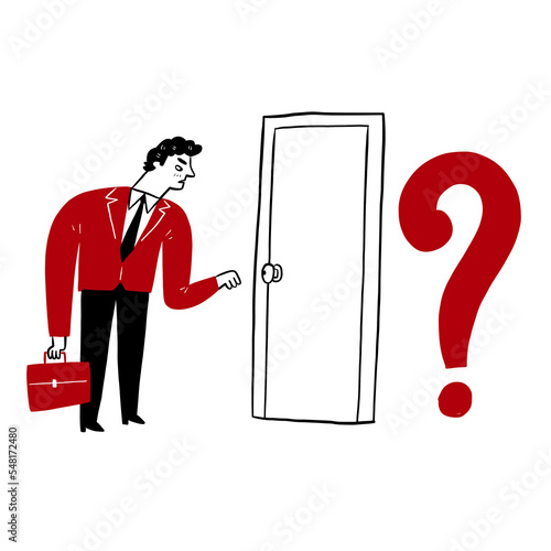 Young businessman be front the door while the Question Mark behind thing.