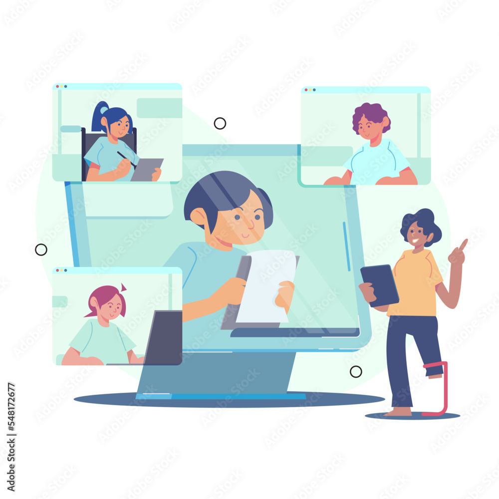 people having a business meeting. virtual meetings with various races and people with disabilities. Vector Flat Illustration. people having a business meeting. virtual meetings with various races and people with disabilities. Vector Flat Illustration.