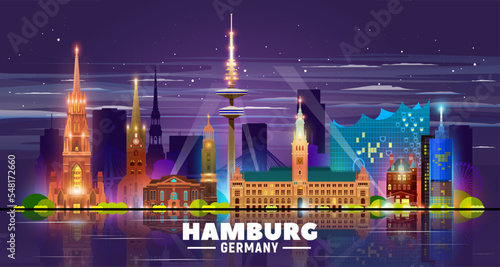 Hamburg Germany night city skyline. Vector Illustration. 