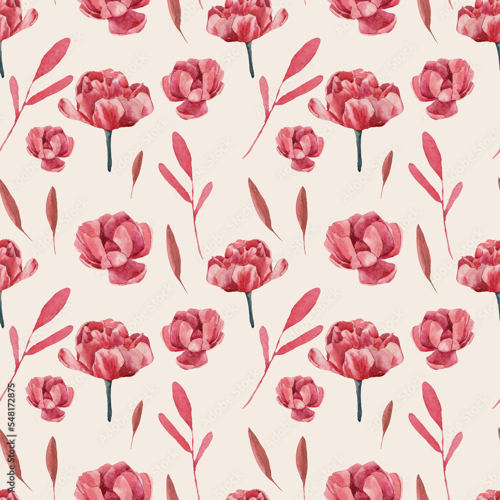 Floral set seamless pattern, peony, rose, red and pink colors, drawn in watercolor, for your design, on a white background