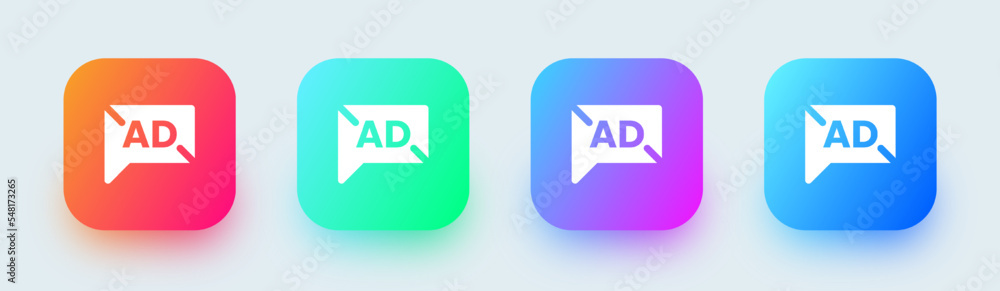 Ad solid icon in square gradient colors. Advertisement signs vector illustration. Ad solid icon in square gradient colors. Advertisement signs vector illustration.