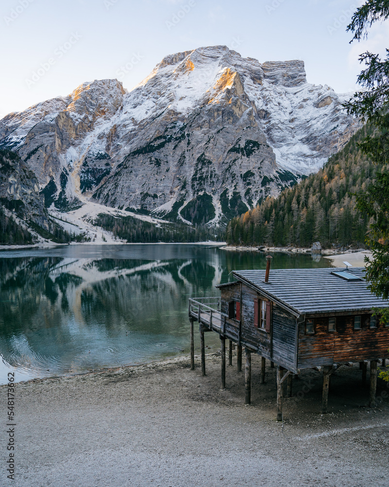 Amazing view of Lago di Braies (Pragser Wildsee), most beautiful lake in South Tirol, Dolomites mountains, Italy. Popular tourist attraction. Beautiful Europe.