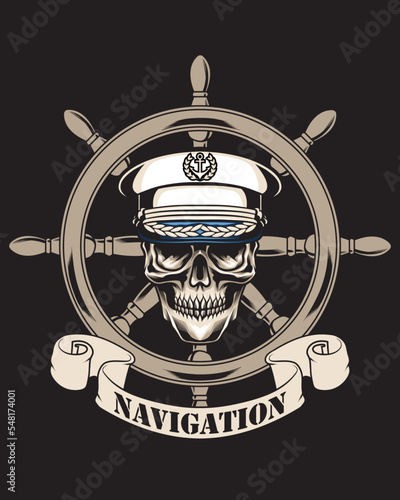 skull captain with ship wheel and banner vector illustration