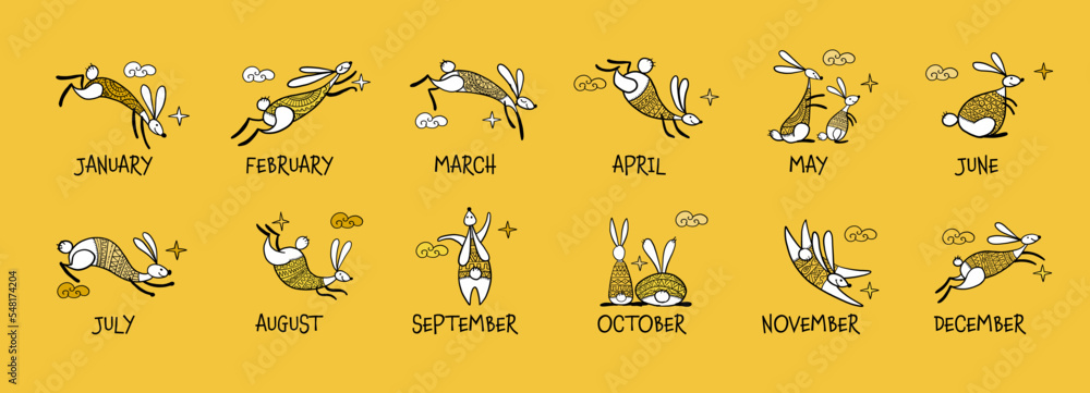 Calendar design. Happy chinese new year 2023 of the rabbit zodiac sign. Funny Bunnies concept art. Christamas background. Vector illustration Calendar design. Happy chinese new year 2023 of the rabbit zodiac sign. Funny Bunnies concept art. Christamas background. Vector illustration