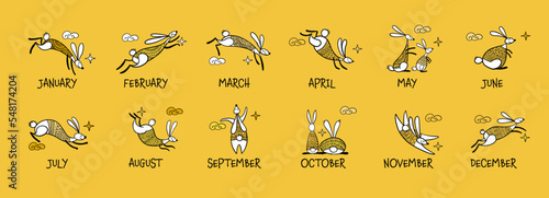Calendar design. Happy chinese new year 2023 of the rabbit zodiac sign. Funny...