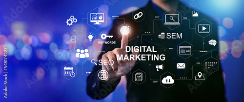 Digital marketing business technology banner web with copy space. Website adertisement email social media network, SEO, SEM video and mobile application icons in virtual screen.