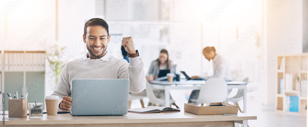 Man, laptop and celebrate at office desk for success, deal or crypto on internet at startup. Winner businessman, computer or smile for winning celebration, bitcoin goal and stock market achievement - obrazy, fototapety, plakaty 