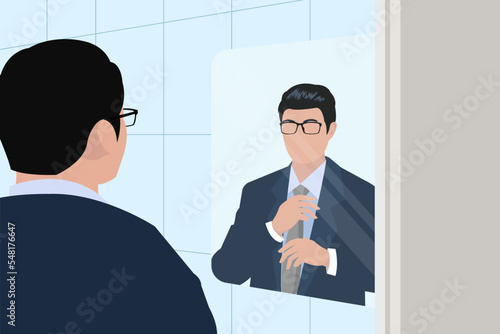 vector of asian man adjusting necktie in front of mirror