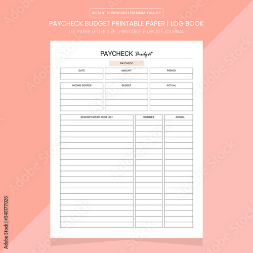 Paycheck Budget Printable | Paycheck Budget Log Book | Notebook Printable Template 