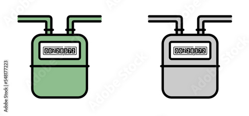 Cartoon yellow gas meter counter. Technology electrical energy icon, counter for distribution domestic current. m3 sign. Measure consumption, control of electric price. Bill, monitor.