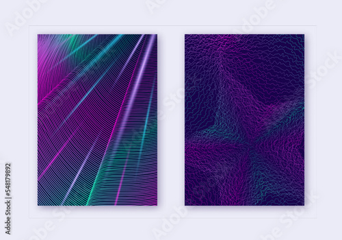Cover design template set. Abstract lines modern brochure layout. Neon vibrant halftone gradients on dark blue background. Remarkable brochure, catalog, poster, book etc.
