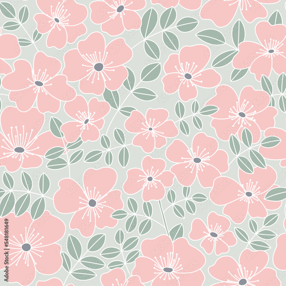 Wild rose floral doodle seamless pattern. Cute neutral summer blooming petals on delicate background. Gentle elegant romantic rosehip flower print for fabric or wrapping paper.