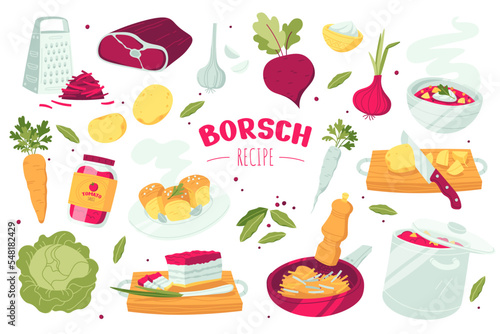 Borscht elements flat icons set. Ukrainian red soup recipe. Organic ingredients. Potatoes, beetroot, meat, onion, carrot and cabbage. Garlic buns, lard with green onion. Color isolated illustrations