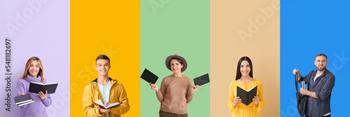 Set of people with books on...