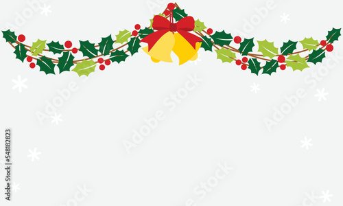 Christmas garland with holly leaves and bells on winter background