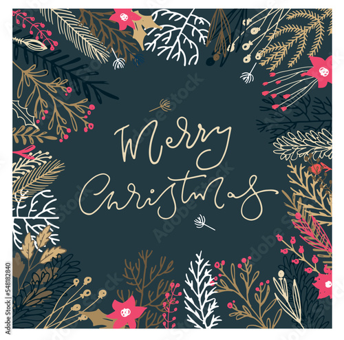 Happy winter holidays postcard. Merry Christmas and happy new year lettering. Holly jolly. Merry and bright.