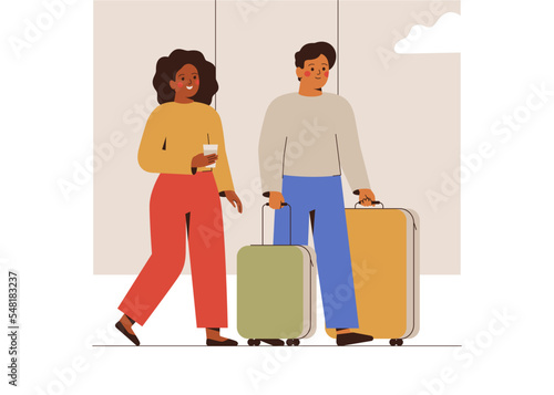 Happy couple move with luggage at the airport. Man and woman with suitcases go to the waiting hall. Young family going to travel on summer holiday. Vector illustration