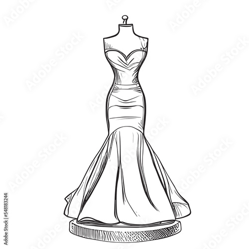 Evening or Wedding dress on a mannequin hand drawn sketch Fashion Vector illustration.