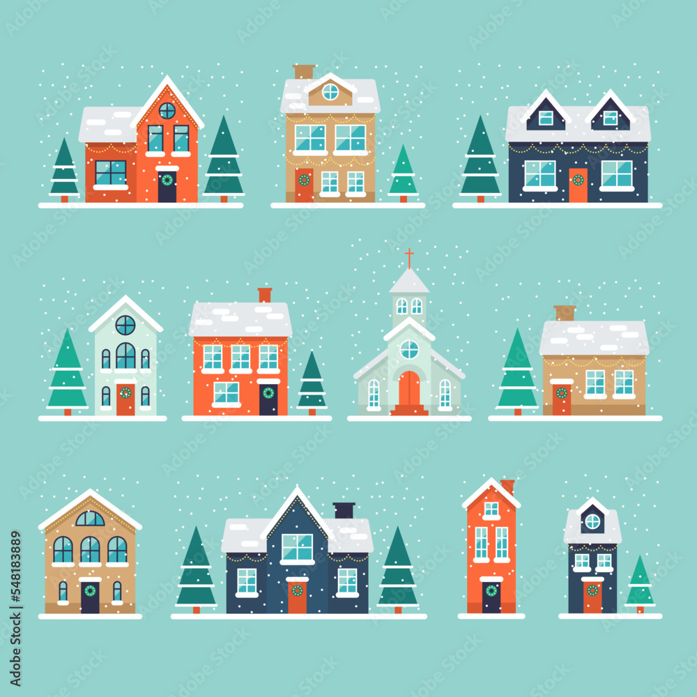 Christmas private houses flat icons set. Different variations of home. Country houses covered by snow, large holiday homes. Winter decorations. Color isolated illustrations