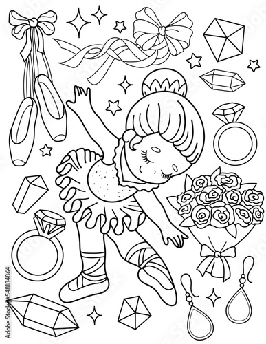 Cute ballerina with pointe shoes and flowers. Coloring book with ballerina. Dancing. Black and white vector illustration.