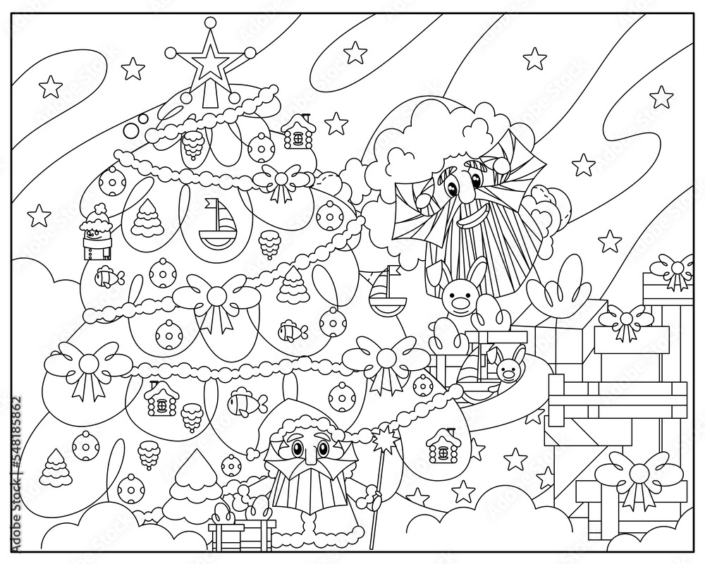 Christmas coloring book. Coloring book with Santa Claus and Christmas tree. Santa Claus. children's coloring book.