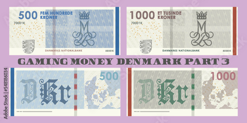 Set of vector gaming currency. The inscriptions in Danish mean five hundred and one thousand crowns, the Danish national bank. Obverse and reverse game fictional banknotes