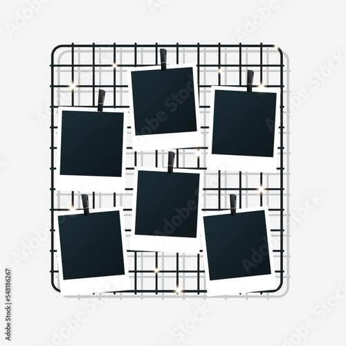 Wall Grid Photo Display. Blank set photo picture frames. Metal grid with instant photos mockup. Display memories in decor interior. Vector illustration