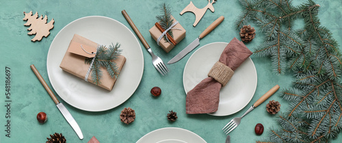 Fototapety Beautiful table setting with Christmas decor, fir