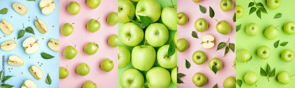 Collage with many green apples on colorful background, top view Collage with many green apples on colorful background, top view