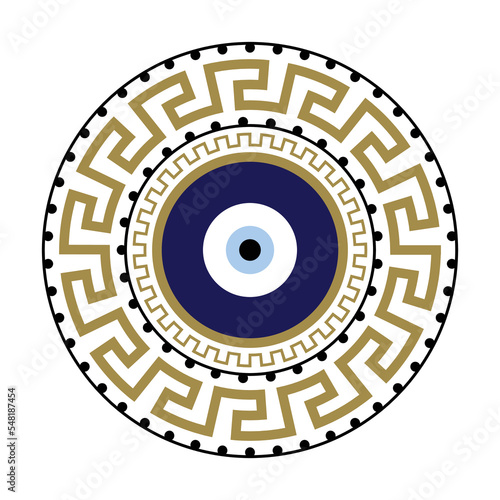 Greek meander Turkish evil eye. Mandala greek evil eye. Symbol of protection in Turkey, Greese, Cyprus. Blue Turkish Fatima's Eye. Amulet from evil eye. Nazar. Magic item, attribute